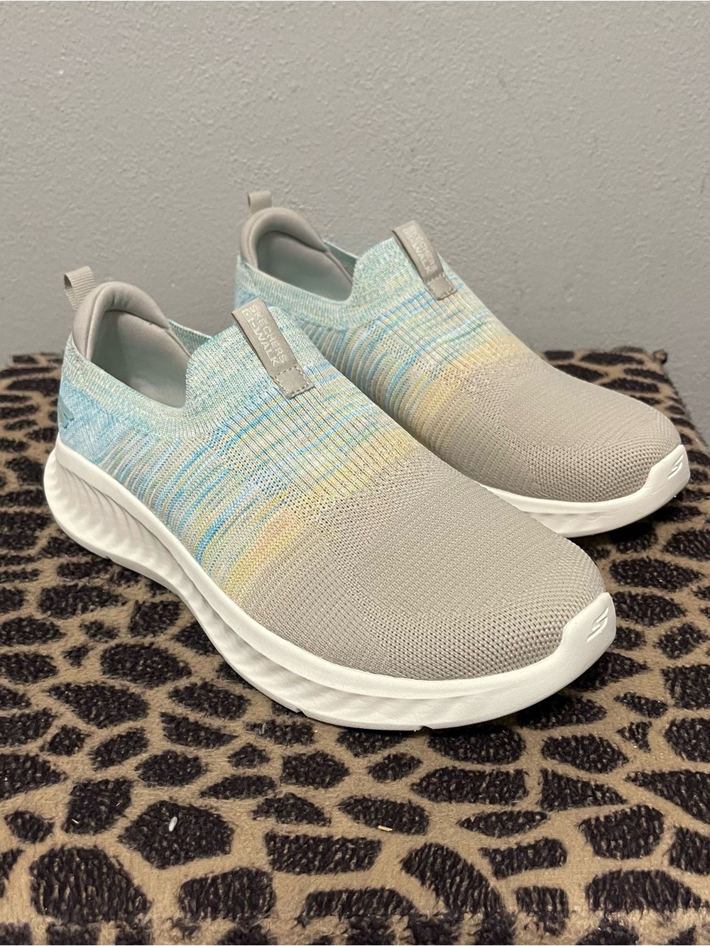 Skechers Air Cooled Goga Mat Slip On Sneakers Gray Blue Knit Womens 9